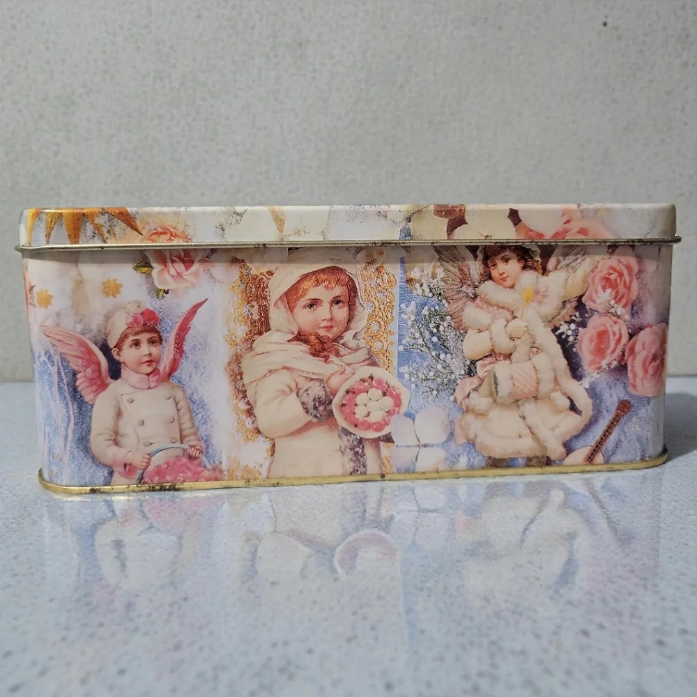 Vtg Winter Rose Metal Tin Box Container Angels Cherubs Mandolin Christmas